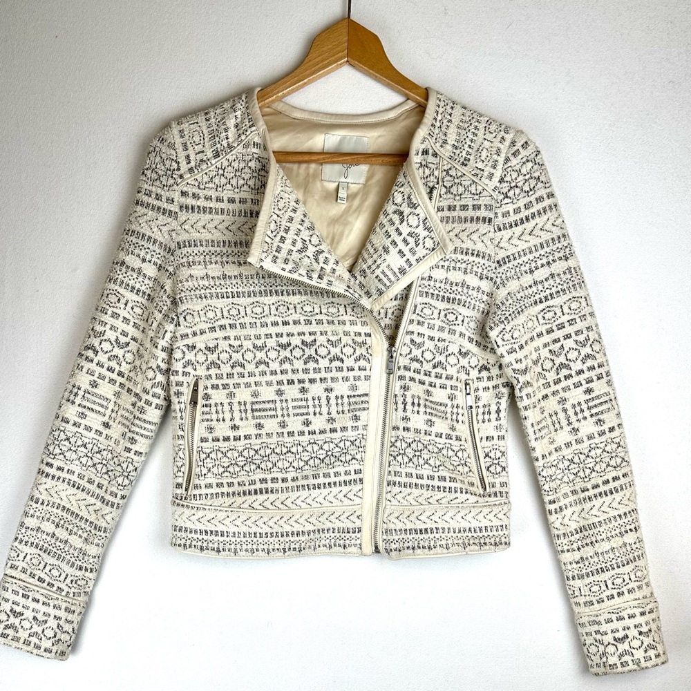 Joie Pattyn Porcelain Jacquard Tweed‎ Moto Jacket with Lambs Leather Trim